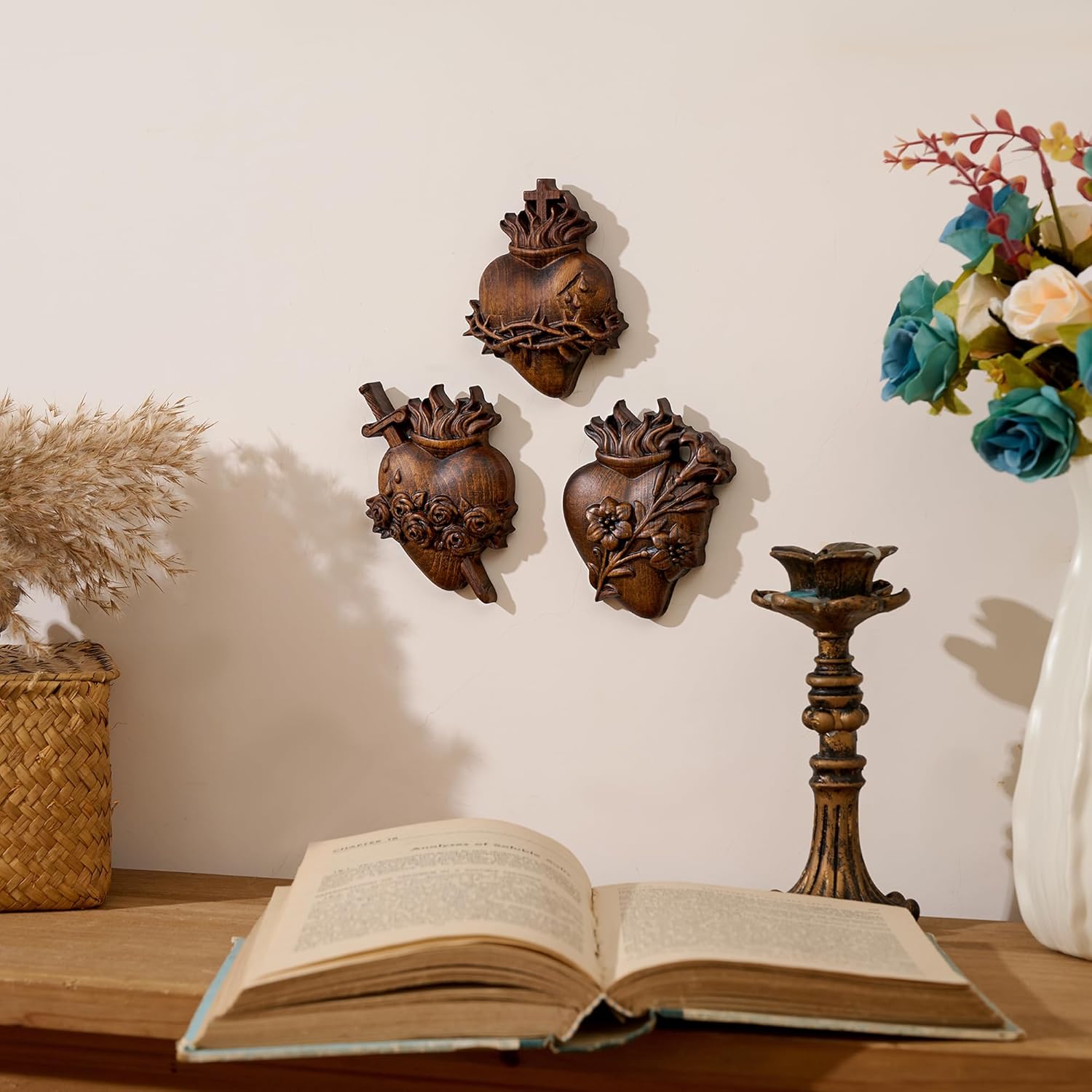 Three Sacred Hearts Wall Decor Wooden Sacred Heart of Jesus Immaculate Heart of Mary Most Chaste Heart of St.Joseph, Religious Handmade Holy Family Wall Art (4 Inch) - Image 6