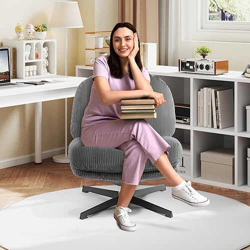 Miniatura 2 de HollyHOME Silla decorativa moderna giratoria de 360, silla de lectura cómoda tapizada, silla perezosa de tela con cojín suave, marco de metal para