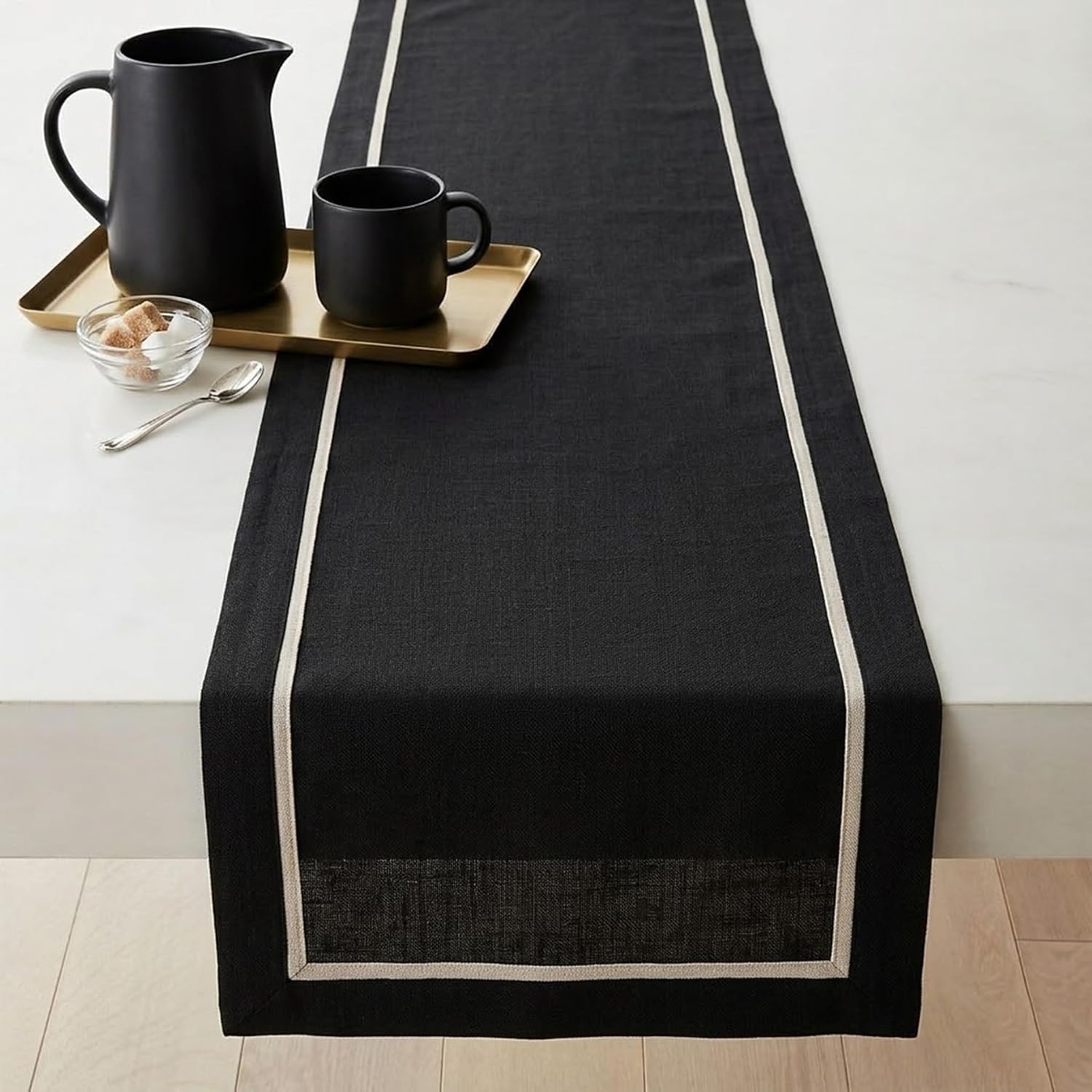 Solino Home Linen Table Runner 120 Inches Long - Black 100% Pure Linen 14 x 120 Inch Table Runner for Dining, Mothers Day - Kensington
