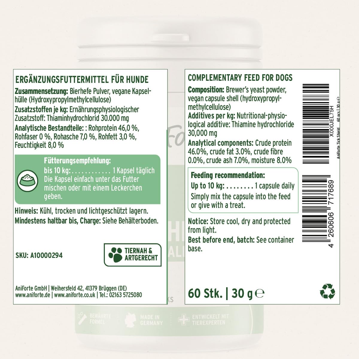 AniForte Tick Shield para Perros (hasta 10 kg) 60 cápsulas. Producto 100% Natural. Complejo de Vitamina B Que Actúa como Escudo Anti-Garrapatas y Parásitos.