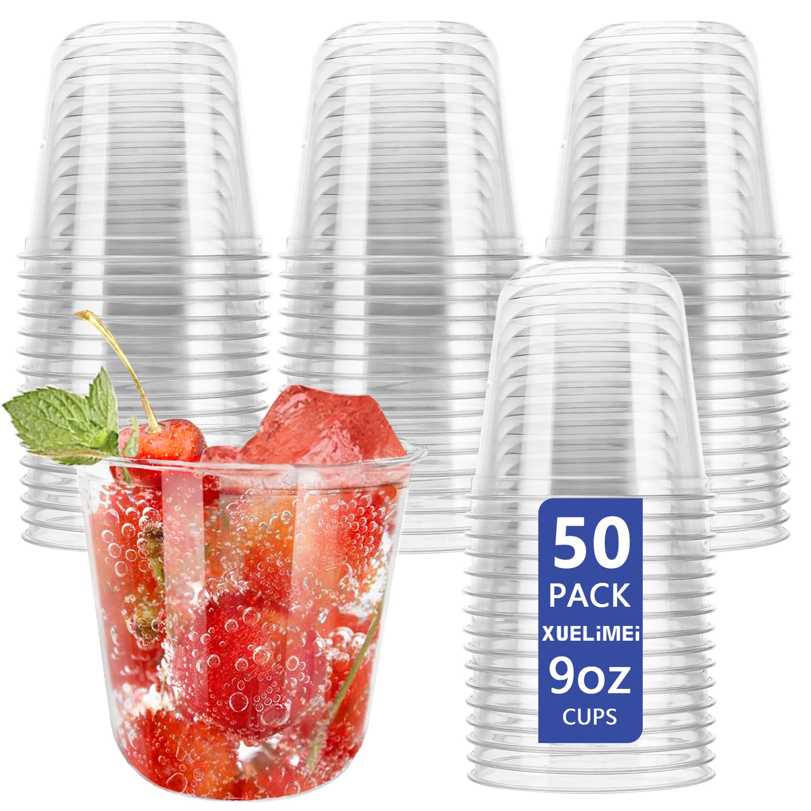 Xuelimei 9oz Disposable Stemless Glasses,PET Disposable Drinking Cups,Cold Party Clear Plastic Wine Glasses for Parties Birthday,Wedding,Meeting,Christmas Party Supplies. (Transparent)