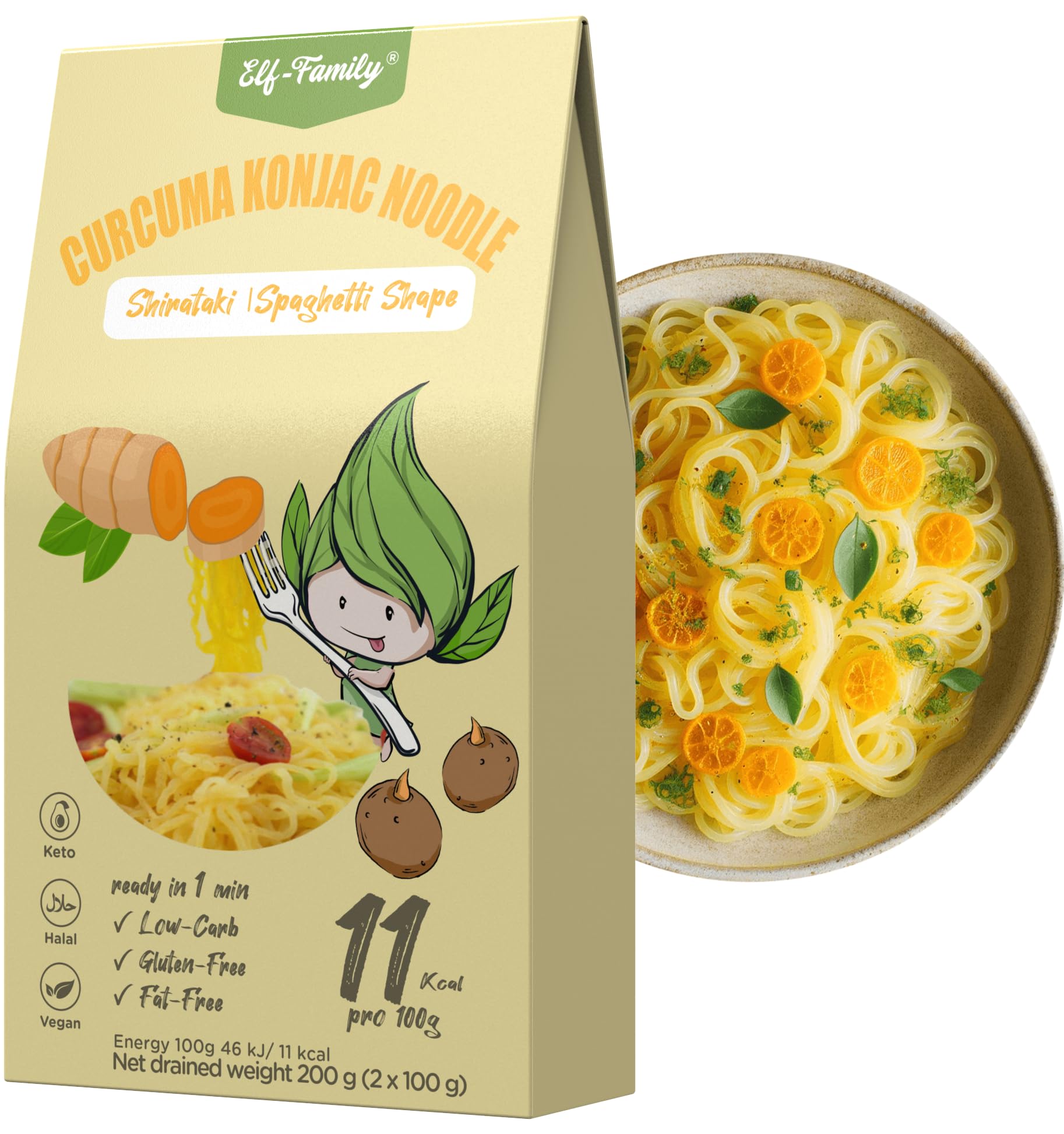 Elf-Family Pasta con Curcuma | Shirataki Superfood - 11kcal | 97% meno calorie | Low Carb/Keto/Shirataki Noodles/Vegani/Senza Glutine (270g x6 confezioni(12 pacchi))
