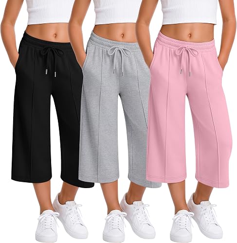 LessonZoo 3 Pack Girls Capri Pants Wide Leg Elastic Waist Drawstring Capris with