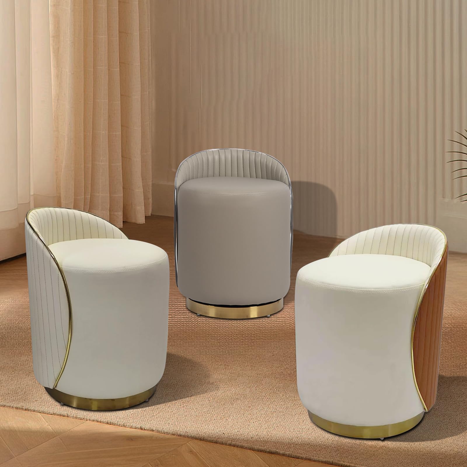 Hocker mit Lehne, Schminkstuhl 360° Drehbar, Sofa Hocker, schreibtischhocker, Make Up Stuhl, Schreibtischhocker und Büro fusshocker Ideal als Kosmetik Stuhl (Cremefarben)