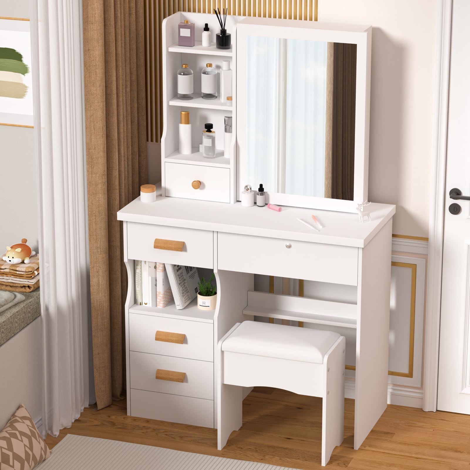 RFEGJVII Kaptafel met schuifspiegel en verstelbare verlichting, kaptafel voor slaapkamer, multifunctionele make-up-schrijfset met gewatteerde stoel en kast, 4 laden, open planken, verborgen opslag Sp