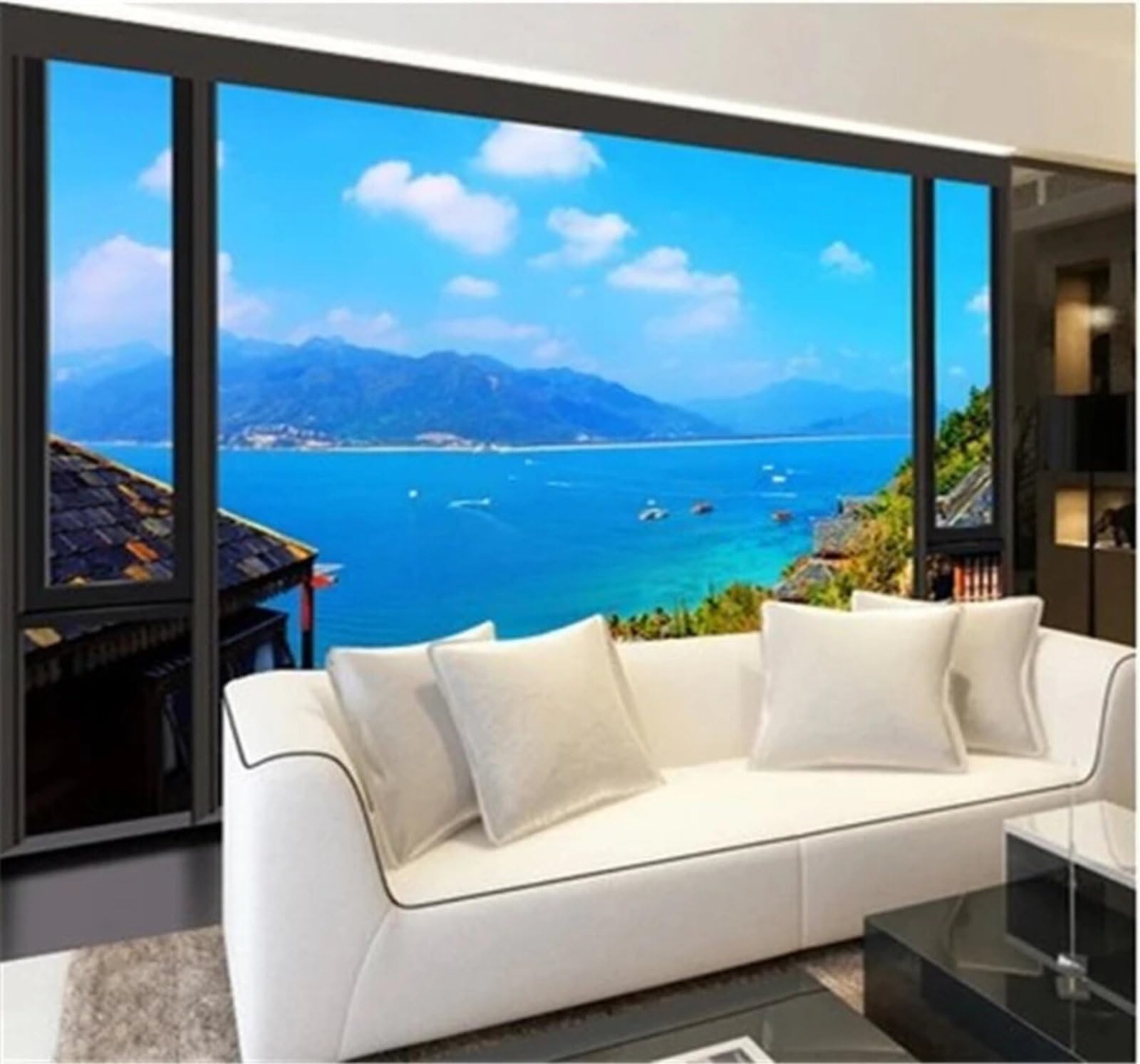 XLMING Three Dimensional Window Blue Landscape 3D Wallpaper Luxury Silk Study Dining Feature Sofa Grey Bedroom Living Room Tv Decorative Wall-200cm×140cm