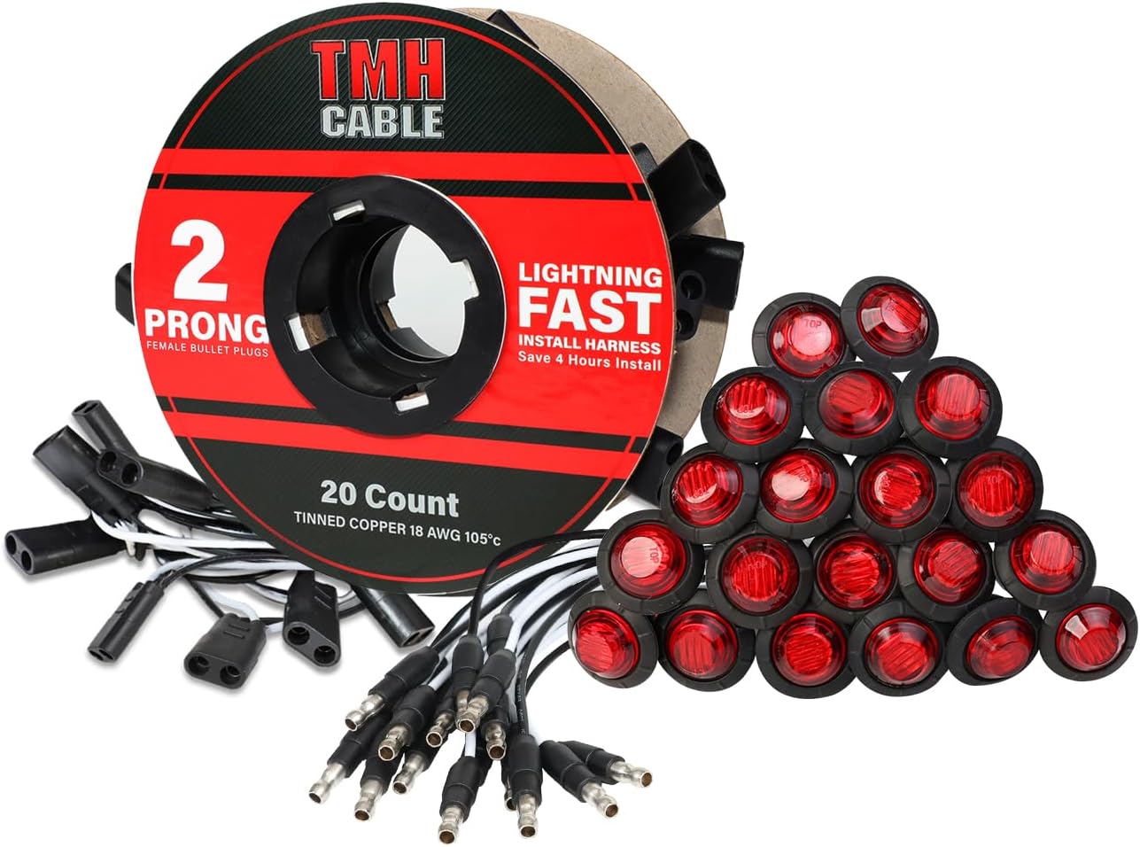 TMH 20 Pcs of 3/4 Inch Side Marker Red Lights with Connector Plug + 2 Pin Continuous Wire Harness, Plug and Play Hassle-Free Installation for Truck Trailer RV Pickup