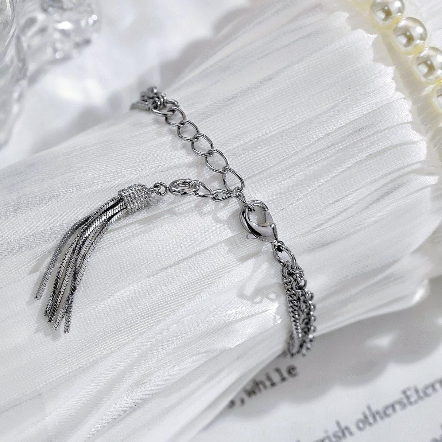 Womens Dainty Silver Gold Silver Rectangle Pearl Dial Tassel Chain Ultra Thin Waterproof Quartz Watch Ladies Dress Casual Elegant Analog Wristwatch Bracelet - Image 5