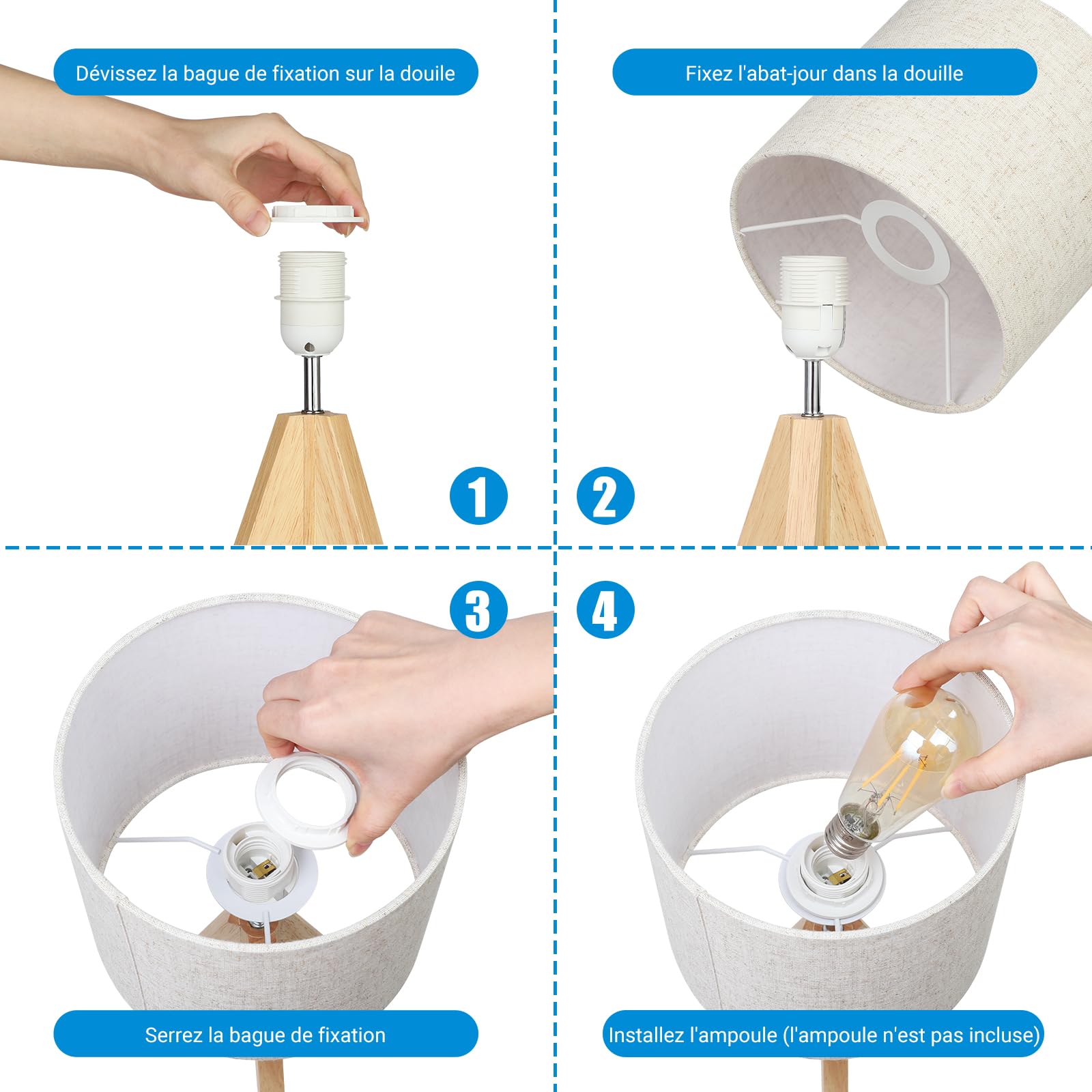 EDISHINE Lampe de Chevet Lot de 2, E27 Douille, Trépied Vintage, Ampoule Incluse, 36 x 20 x 20 cm, Lampe de Table en Bois pour Chambre à Coucher, Salon, Hôtel, Abat-jour en Lin Beige