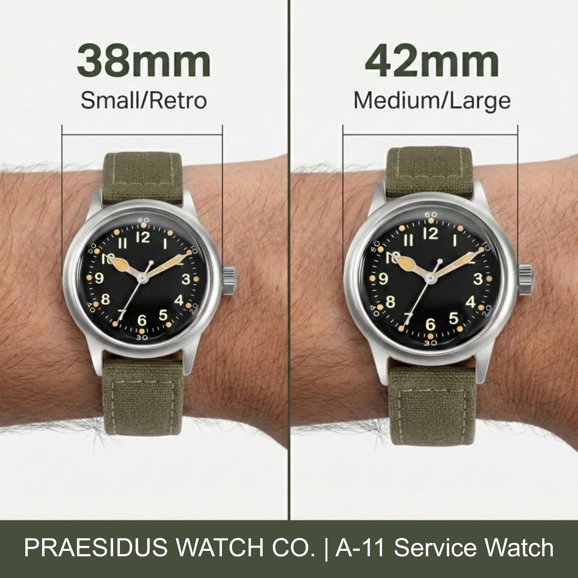 PRAESIDUS | 𝗔-𝟭𝟭 𝗦𝗲𝗿𝘃𝗶𝗰𝗲 𝗪𝗮𝘁𝗰𝗵 - Orologi da Polso da Uomo Militari - Quadrante Bianco da 38 mm e Cinturino in Tela Verde, Assemblato negli USA, Automatico