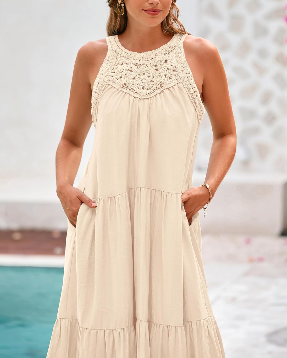 BTFBM Halter Summer Dresses for Women 2026 Casual Spring Hollow Out Sleeveless Boho Sundresses Beach Vacation Maxi Dress - Image 6