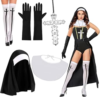 XEPST 5PCS Nun Costumes for Women - Nun Outfit Accessories with Headpiece, Collar, Gloves, Cross Pendant Necklace, White Knee High Socks for Halloween, Cosplay, Carnival & Fancy Dress Up