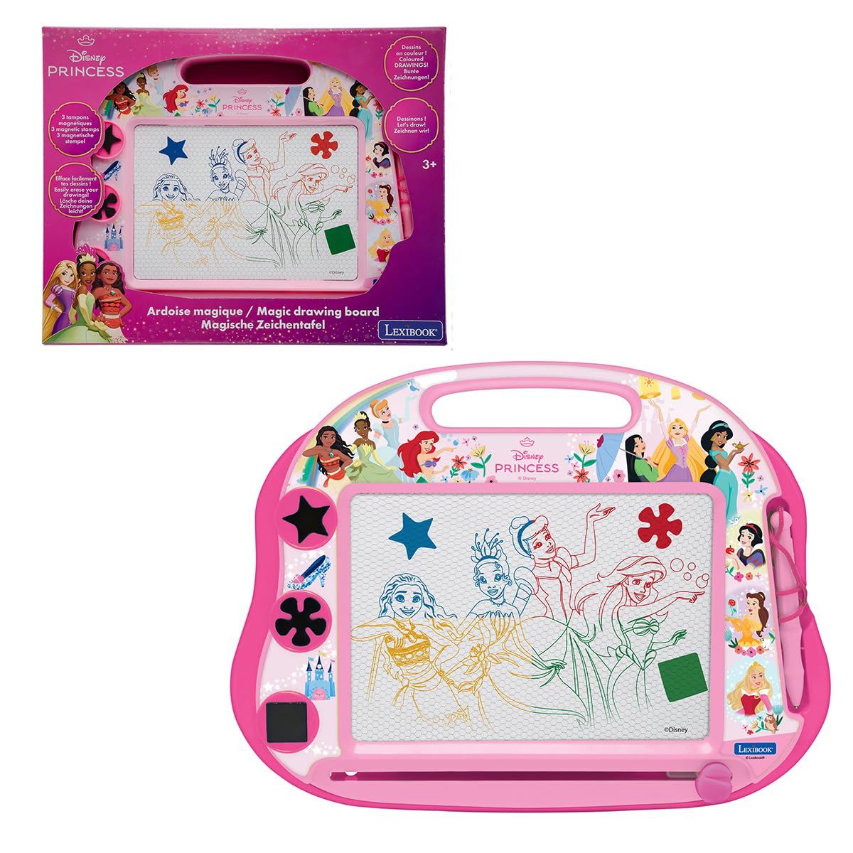 LEXIBOOK, Disney Princess Magnetic Multicolor Drawing Board, A5 Format, Reusable Drawing Surface, Pen and Magnetic Stamps, Easy‑Grip Handle, Pink, CRDP550LXB