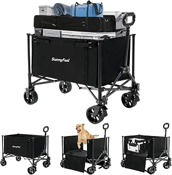 SUNNYFEEL Collapsible Wagon Cart with Wheels, 150L Foldable Grocery Wagon with Removable Side Walls, 200LBS Capacity Lightweight Utility Cart with Adjustable Handle for Dogs, Shopping, Garden Black