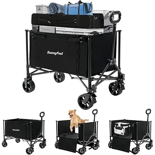 SUNNYFEEL Wagon Cart Foldable, Standard Borderless Version Collapsible Wagon with 220 LBS Max Load, Up to 120L Foldable Grocery Cart with Side Opened for Outdoor, Garden & Camping,Black