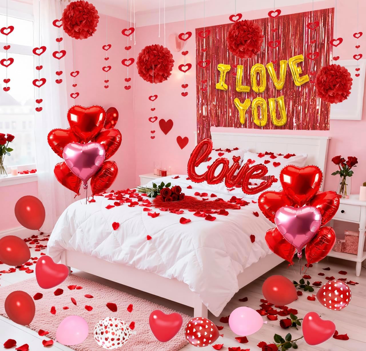 Red Valentines Day Decorations Set, I Love You Banner 1000Pcs Rose Petals Red Pink Heart Hanging Streamer Foil Balloons Paper Pompom Foil Curtain for Wedding Romantic Anniversary Party Decor