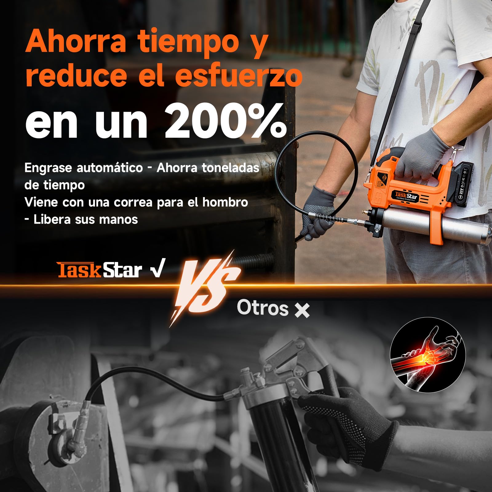 TaskStar Engrasadora a Batería de 10000 PSI: Engrasadora Mejorada con Control Automático del Volumen de Grasa, 2 Baterías *2,0AH, 3 Acopladores - 4,6 oz/min Eficaz para Tractores, Camiones y Máquinas