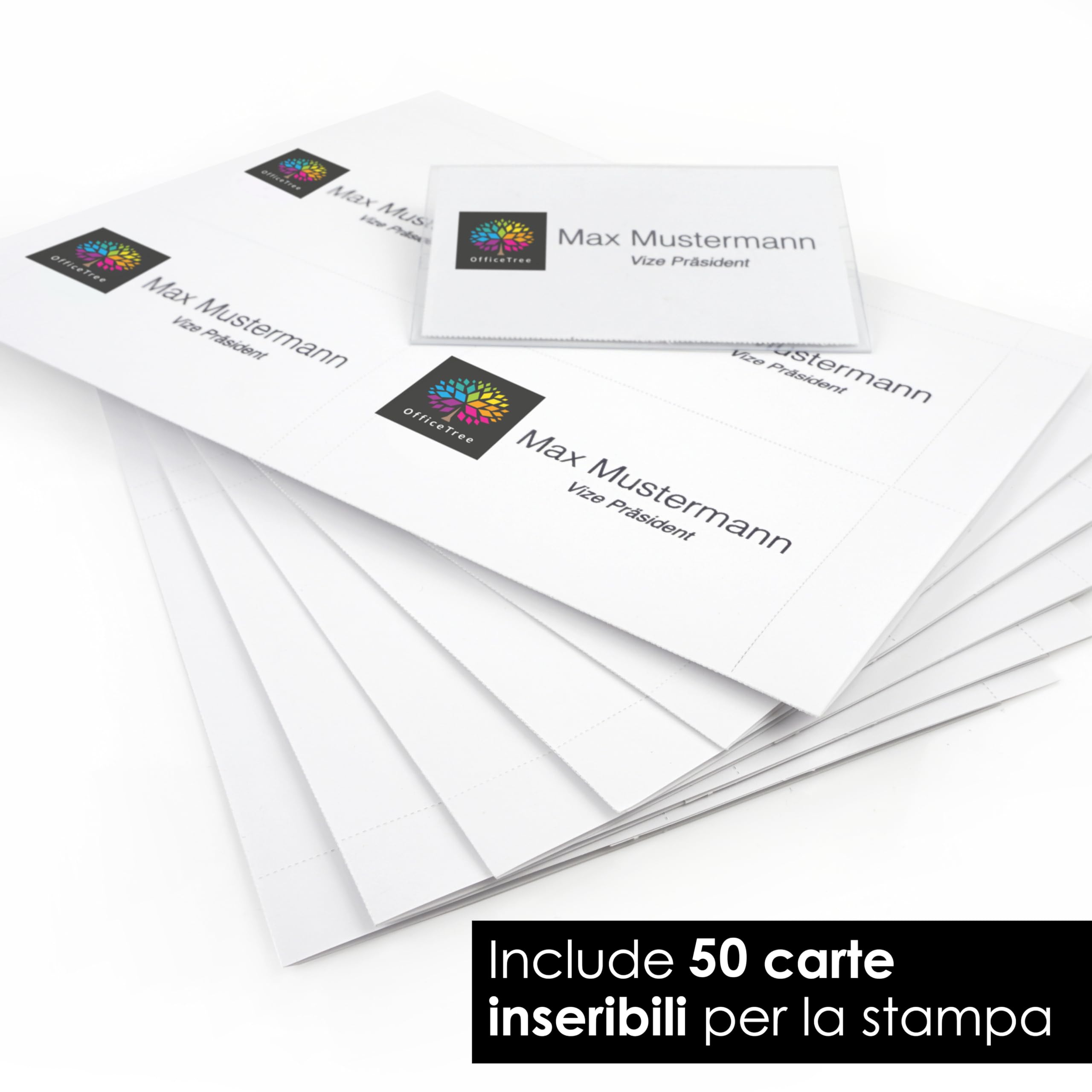 OfficeTree Badge Portanome con Clip e Spilla Integrate - 50 Biglietti da Stampare - Porta Badge Trasparente