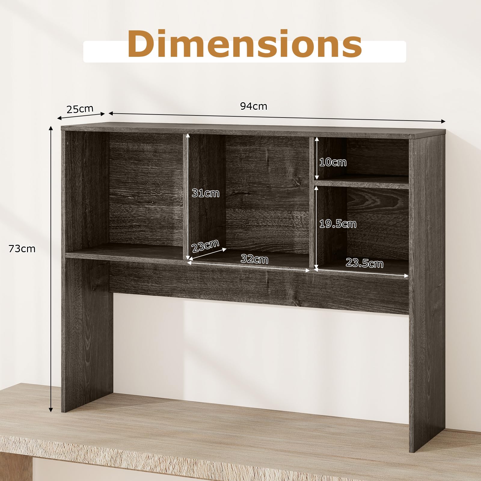 GIANTEX Schreibtisch Regal mit 4 offenen Fächern, Tischregal mit Kipp-Schutzvorrichtung & rutschfesten Pads, Aufbewahrungsregal aus Holz, 94 x 25 x 73 cm (Grau)