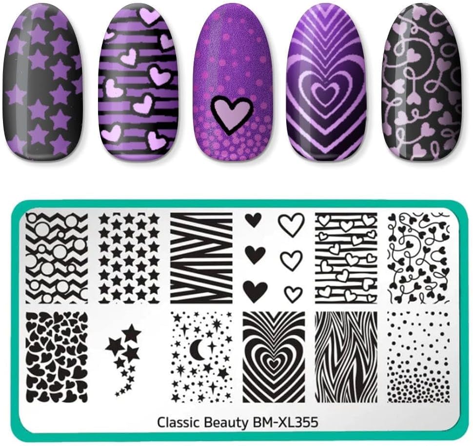 Maniology Hearts + Stars Nail Stamping Plate | Cute Heart & Star Designs for Simple Beginner-Friendly DIY Manicures – Reusable, Rectangular Stainless Steel Nail Art Template