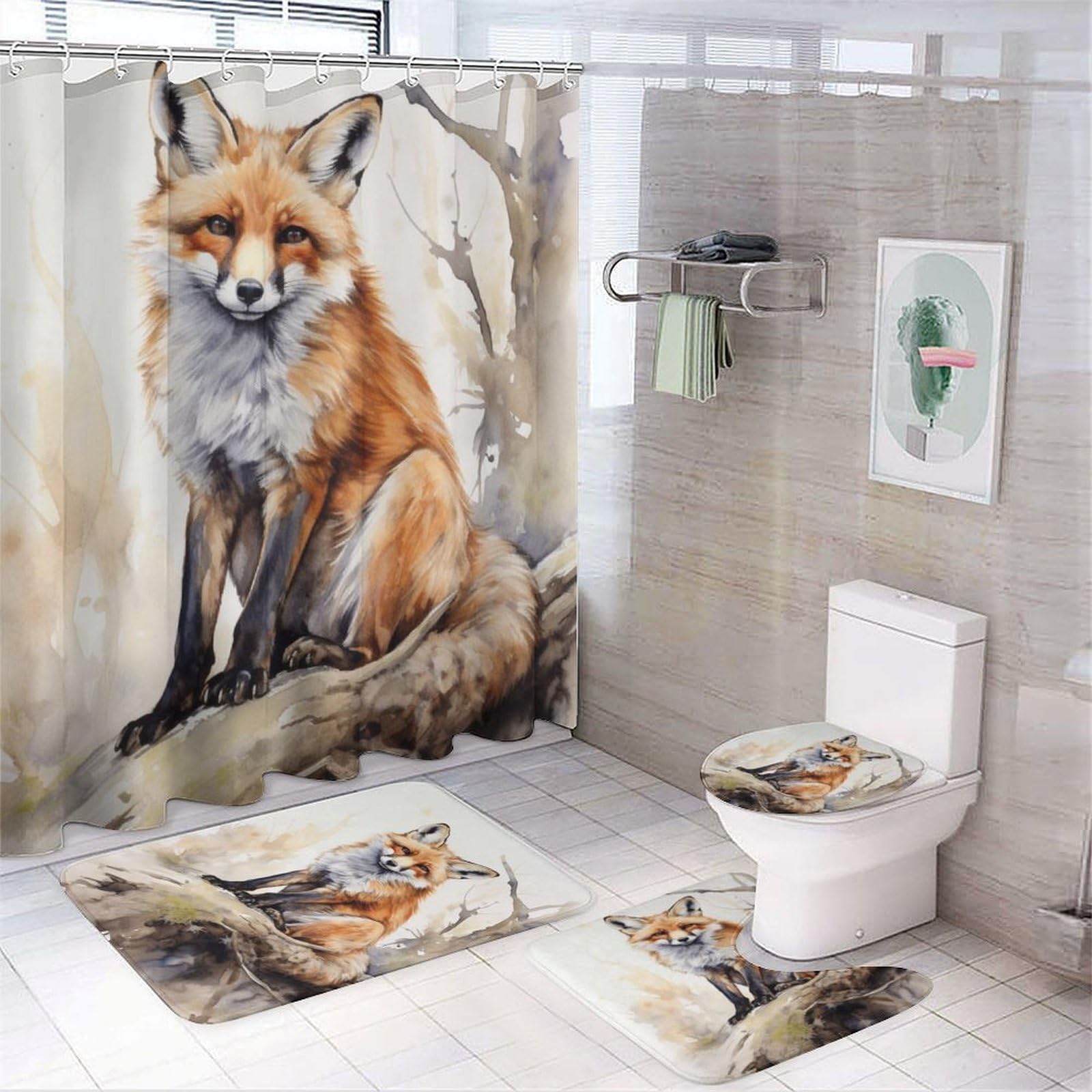 Duschvorhang-Set, Motiv: Aquarell, Fuchs, abstrakte Natur, Tier, Badezimmer-Dekoration, 4-teiliges Badezimmer-Zubehör-Set mit Teppichen, Vorhang und 12 Haken