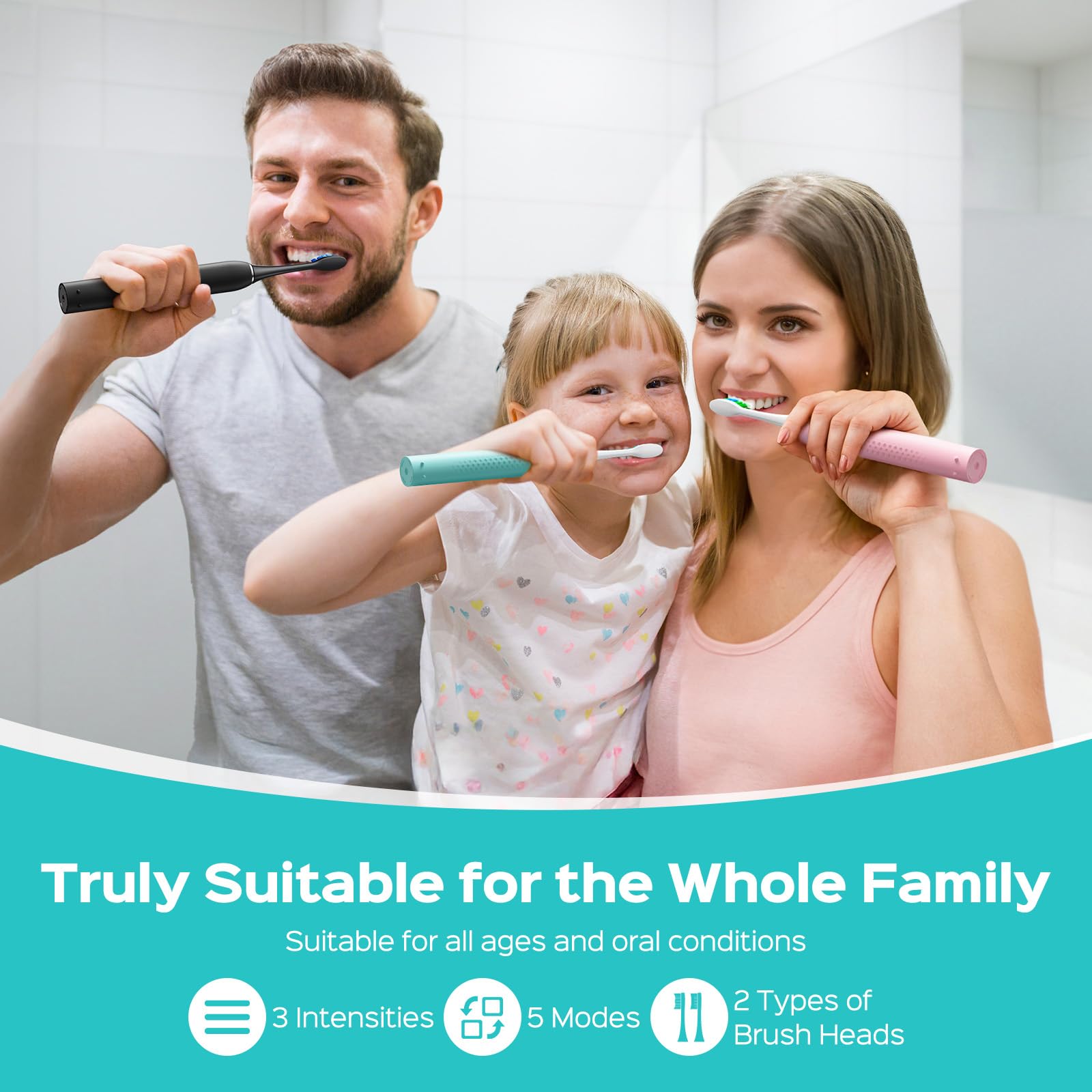 COSLUS Sonic Electric Toothbrush for Adults: 3 Intensities & 5 Modes Gum-Friendly for Deep Cleaning & Whitening - 2 Types of Heads for Family, Sensitive Teeth, Braces, Travel & Home Use, Black