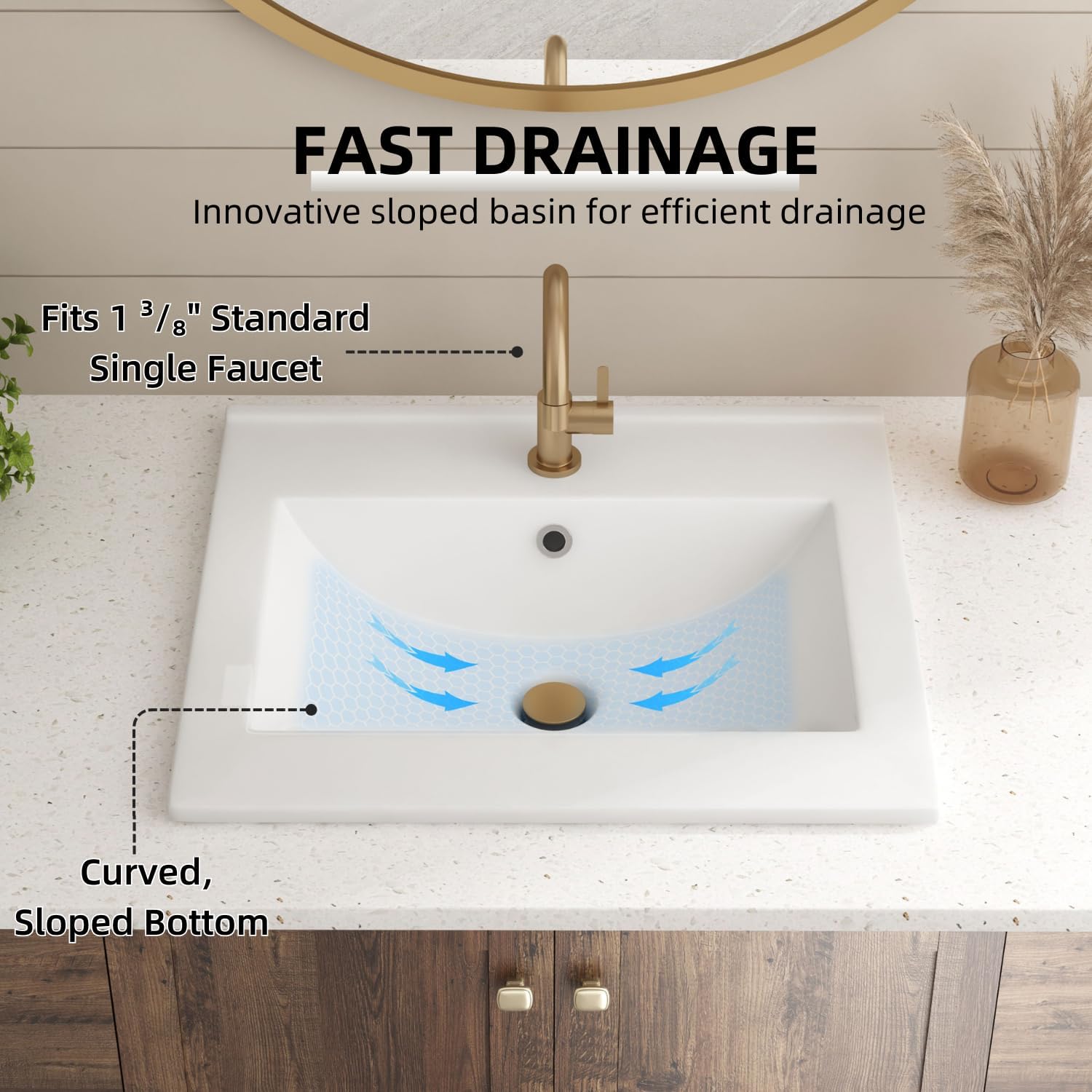 20"W x 18"D Drop In Bathroom Sink with Single Faucet Hole, Los Flexi 20 Inch Rectangular Vanity Top Sink for Small Bathroom, White Top Mount Basin with & Overflow