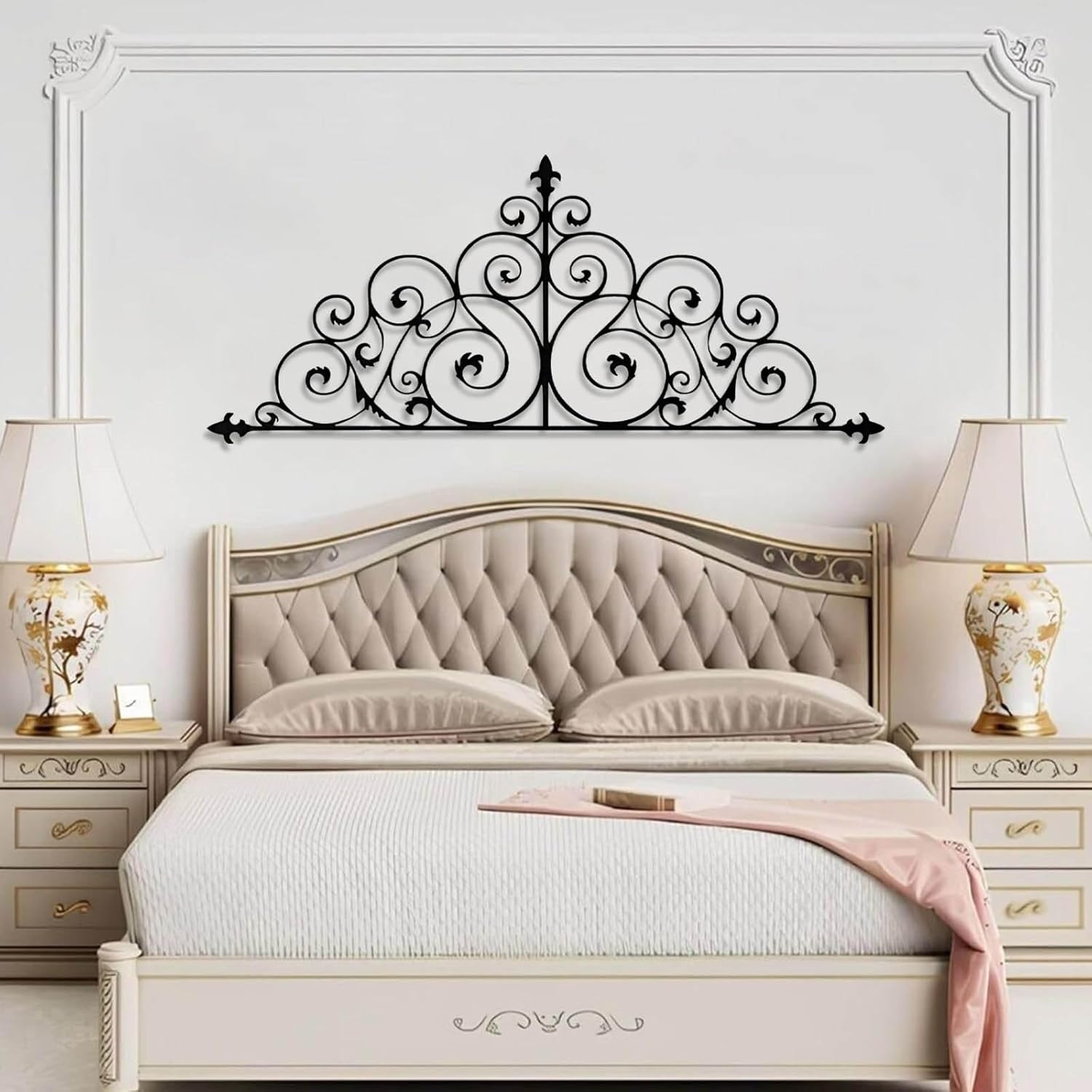 Metal Scroll Wall Art, Metal Vine Wall Scroll Hanging, Flower Scroll Wall Decor, Headboard Wall Decor, Above Bed Wall Art (Black, 59"x25"/150x64cm)