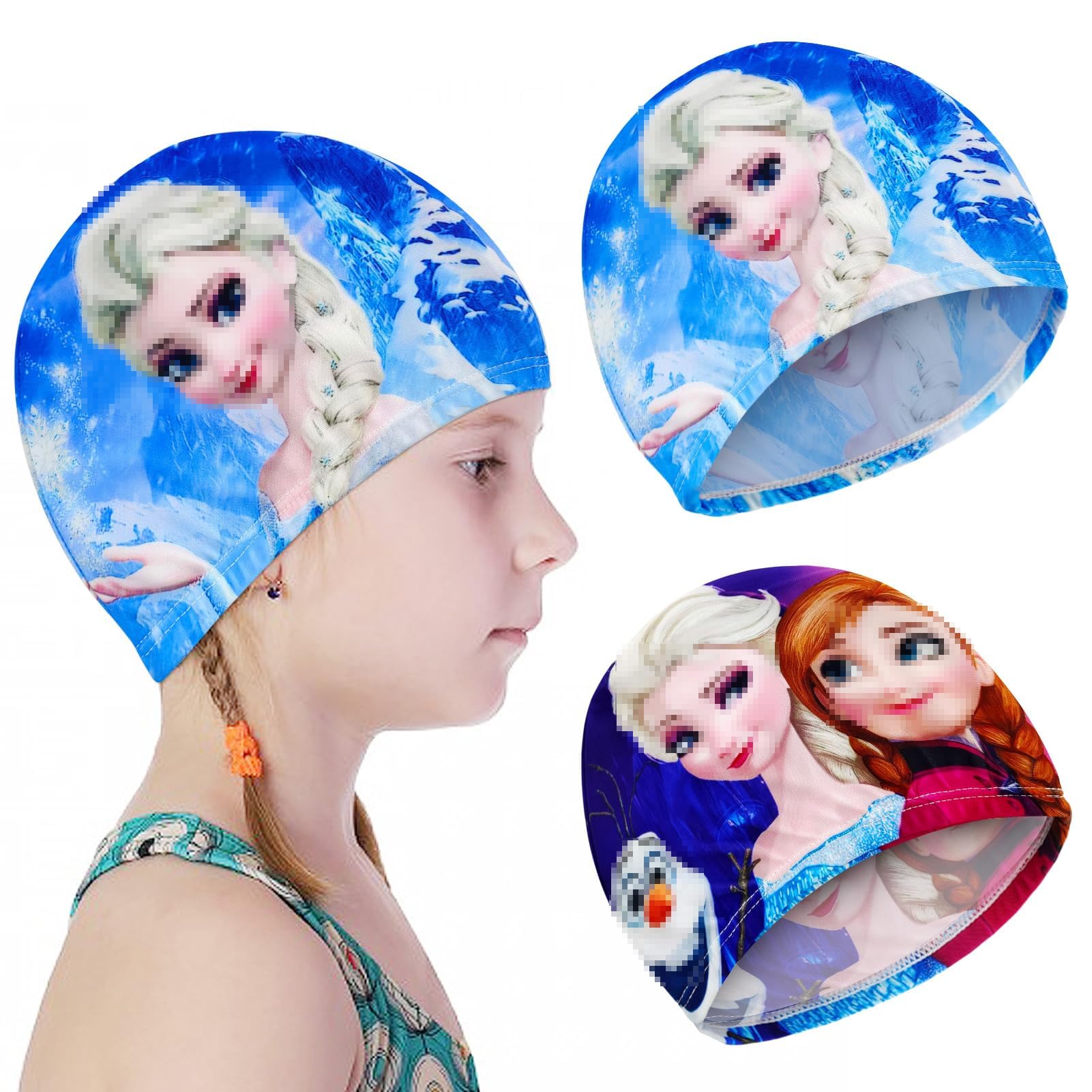 Gorro de Natación de Niños 2 Piezas, 3-8 Años Gorro Piscina Niña, Gorro de Natación de Poliéster Elástico, para Cabello Largo y Corto