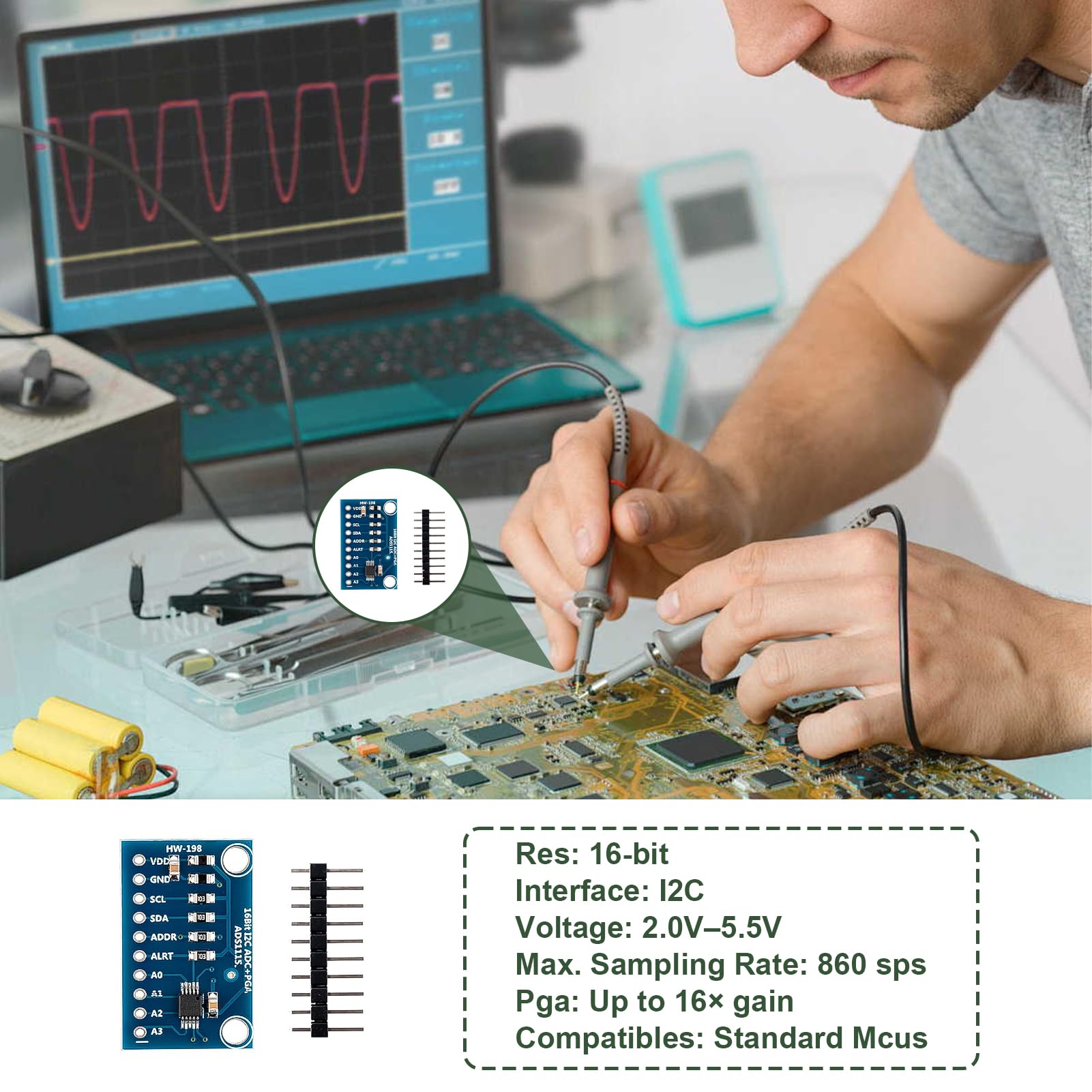 3 Pezzi Modulo ADC ADS1115 16 Bit a 4 Canali, Modulo ADS1115 per Raspberry Pi, Microcontrollori, Risoluzione 16 Bit, Interfaccia I2C, Conversione Analogica Digitale, 2,0V a 5,5V