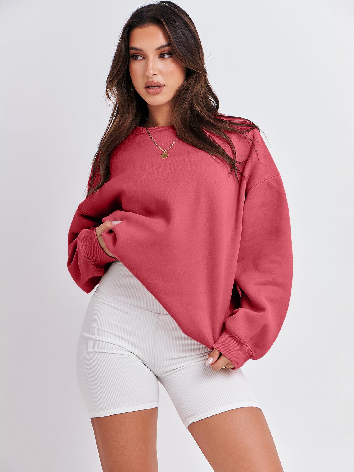 Damskie bluzy oversize bluzy z kapturem polar okrągły dekolt sweter top codzienne jesienne stroje preppy ubrania nastolatki 2024 A1019 światło, Jeden kolor, Peachy_M