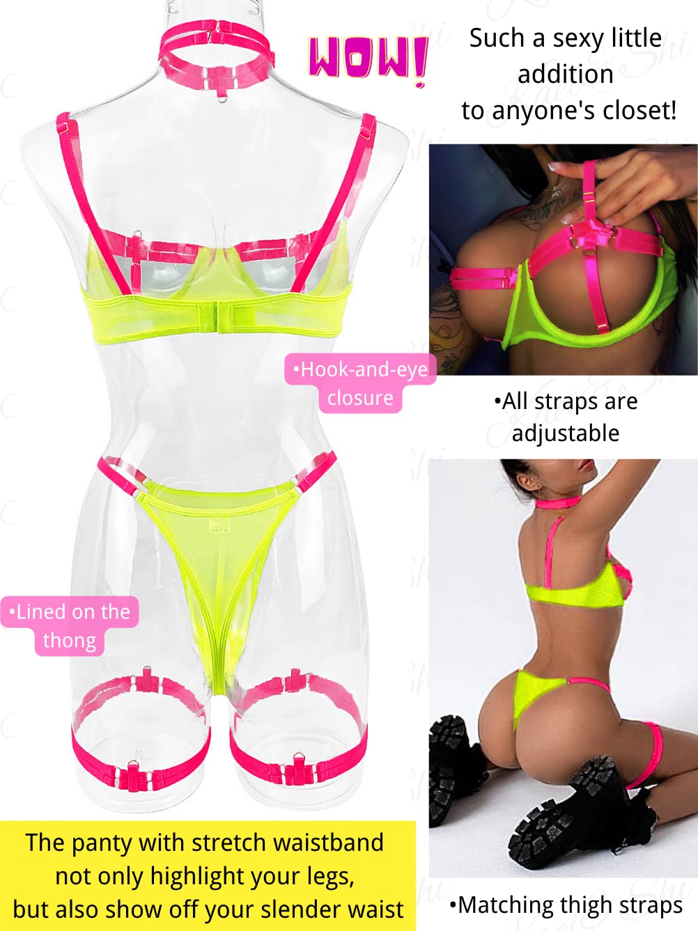 Kaei&Shi Glow Under Black Light, Party Boudoir Outfits, 4PC Peekaboo Lingerie: 0-2 Neon Green