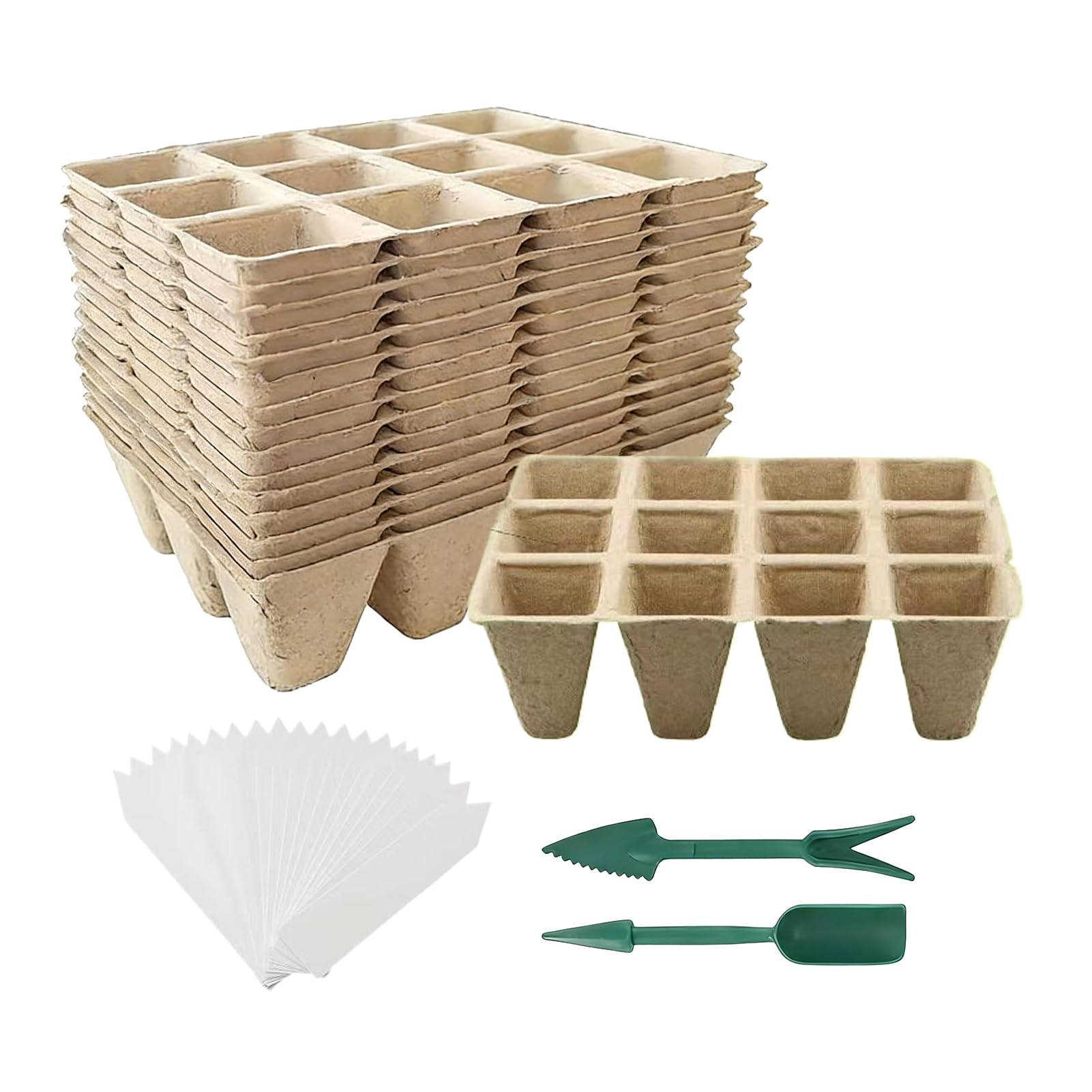 Anzuchttöpfe 12-Gitter Umpflanz Container Set | mit Werkzeug und Etiketten Wurzelfreundliche Pflanztöpfe aus Pappe Für Blumen Pflege Wachstum Vermehrung Garten