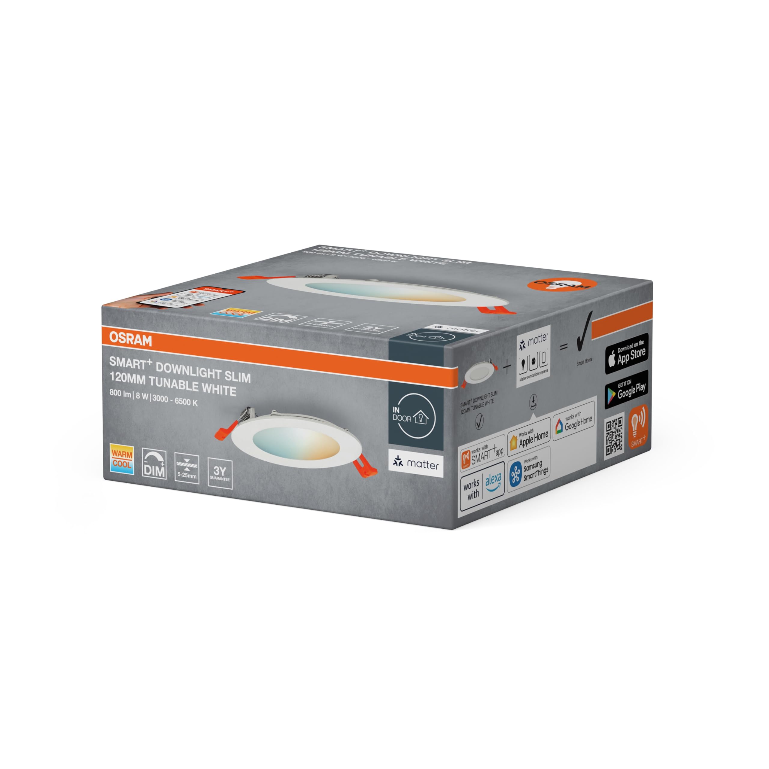 OSRAM SMART+ Matter Recess Slim LED Downlight Biały 120mm, 8W, 550lm, TW 3000-6500K, Matter WiFi, Alexa, Wpuszczany