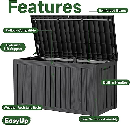 Vista 20 de EasyUp Caja de almacenamiento para exteriores de 230 galones, impermeable, resistente a los rayos UV, con varilla hidráulica, estabilidad reforzada
