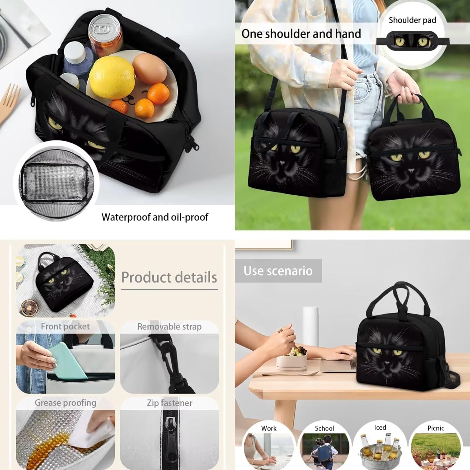 Kids Backpack Toddler School Bag with Zippered Pockets Black Cat Print 17 Inch Preschool Backpack for Boys Girls Lunch Bag Kids Pencil Case 3 Pack