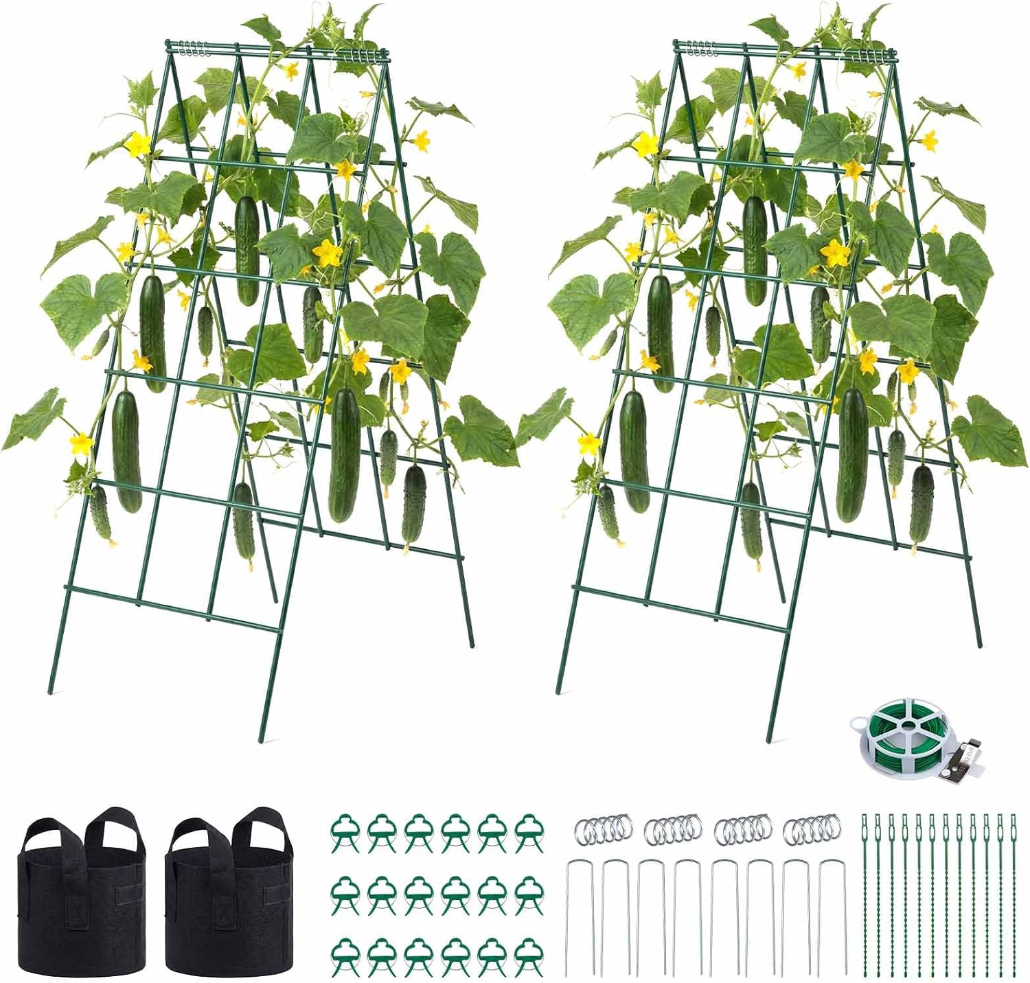 VEVOR Cucumber Trellis, 46" High Foldable A-Frame Garden Trellises for Raised Bed, 4 Panels, Metal Rustproof Outdoor Climbing Plant Support with 2 Plant Bags for Vine, Peas, Beans, Tomato, Flowers