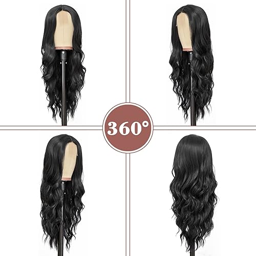 Miniatura 3 de NAYOO Long Black Wavy Wig for Women 26 Inch Middle Part Curly Wavy Wig Natural Looking Synthetic Heat Resistant Fiber Wig for Daily Party Use