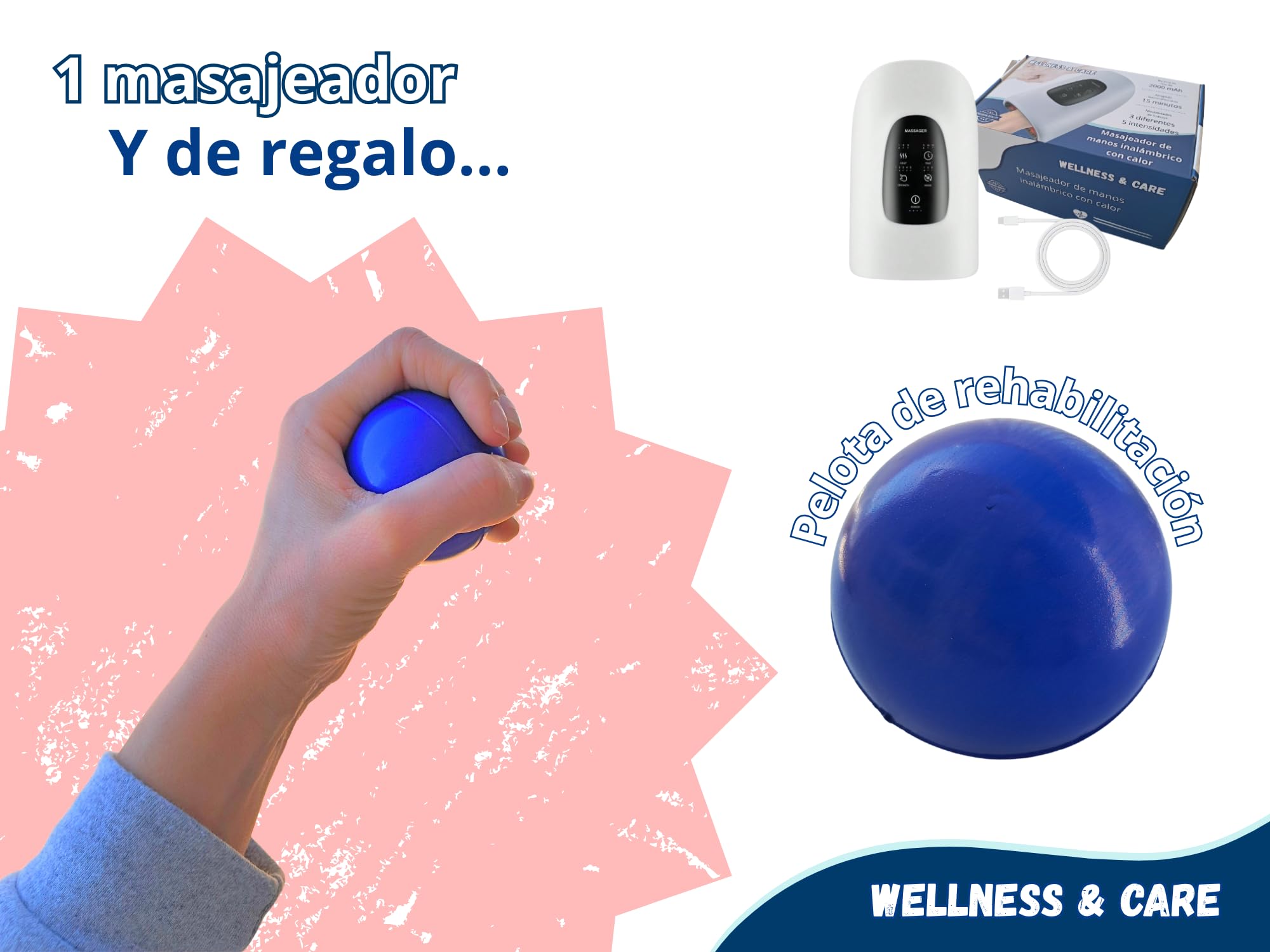Masajeador de Manos,muñeca/dedos+bola rehabilitación.Calor y Compresión,Alivia Dolor de Artritis/Síndrome Túnel Carpiano,Masaje Relajante,diferentes modos e intensidades.Inalámbrico/para ambas manos