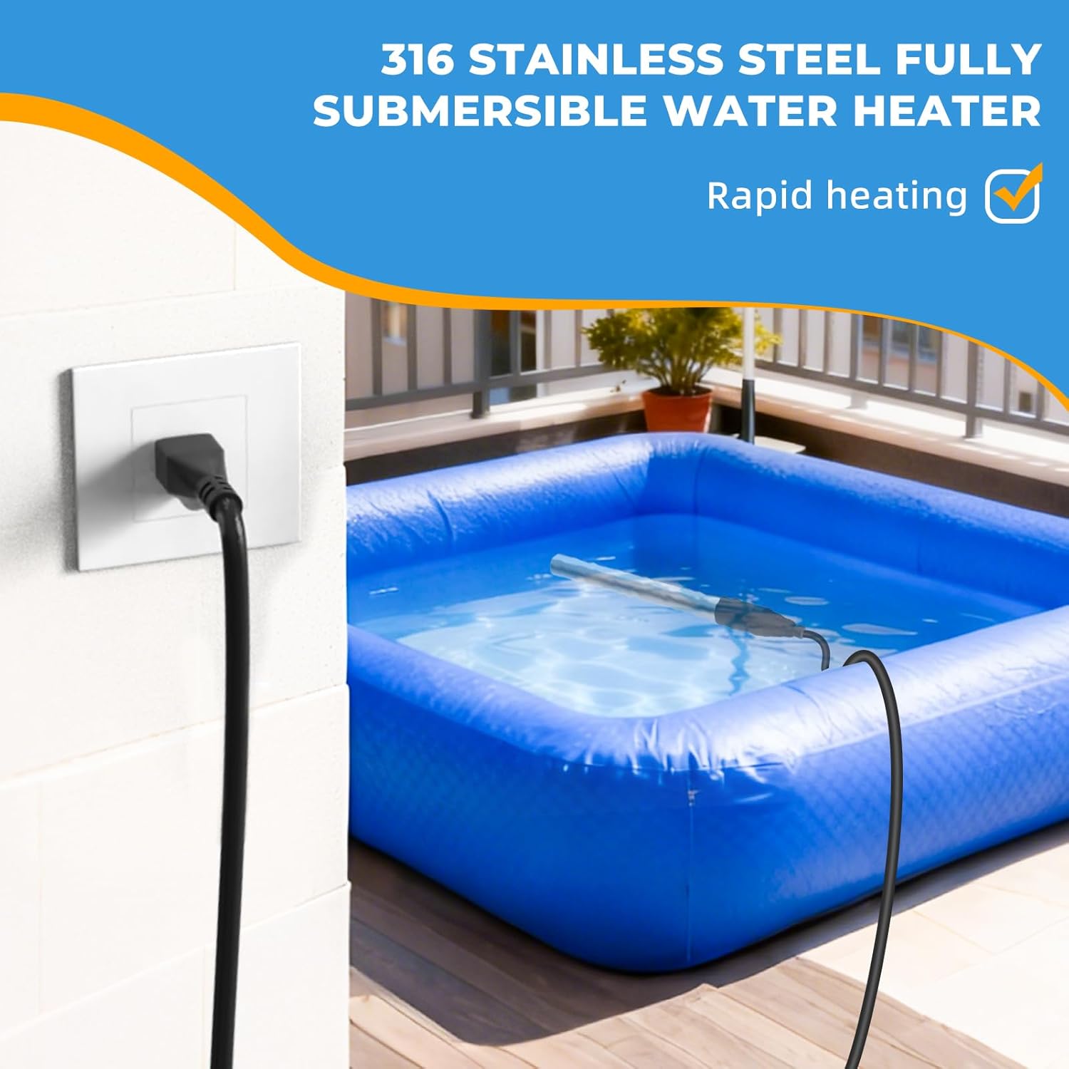 1800W Immersion Water Heater, Electric Fully Sumbersible Pool Heater, Fast Heating Stainless Steel Bathtub Heater, for Small Inflatable Swim Pool, Stock Tank, Hot Tub, Baptistry, Camping, Bucket