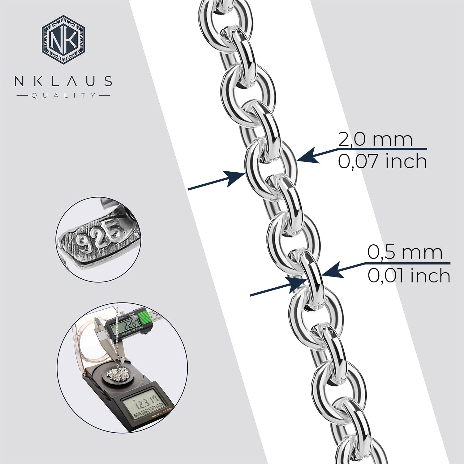 NKlaus Cadena redonda de malla forzada de plata de ley 925, collar macizo de 2,00 mm de ancho