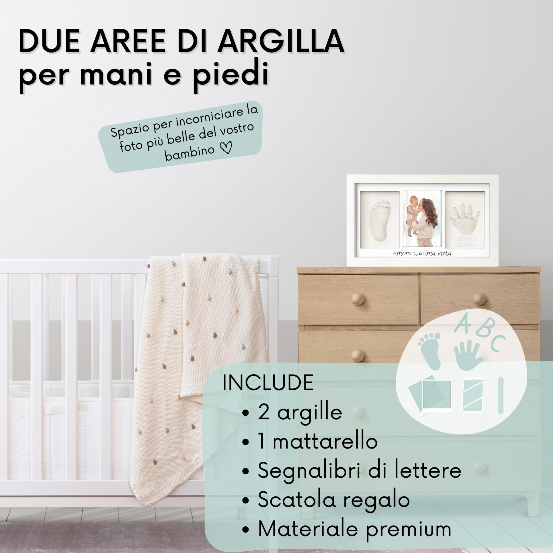 Kit impronte neonato con argilla e cornice per calco mani e piedi, idea regalo nascita o battesimo, ricordo originale bianco