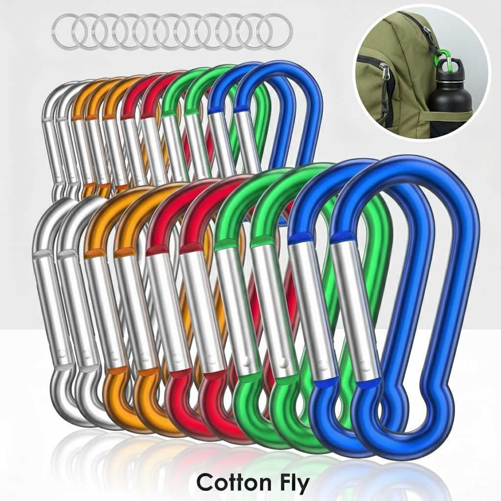 12 Pack Carabiner Clips with 30mm Steel Rings - 3" Aluminum Gourd Shape Spring-Loaded Snap Hooks for Keychain, Camping, Hiking, & Utility - Assorted Colors - Image 5