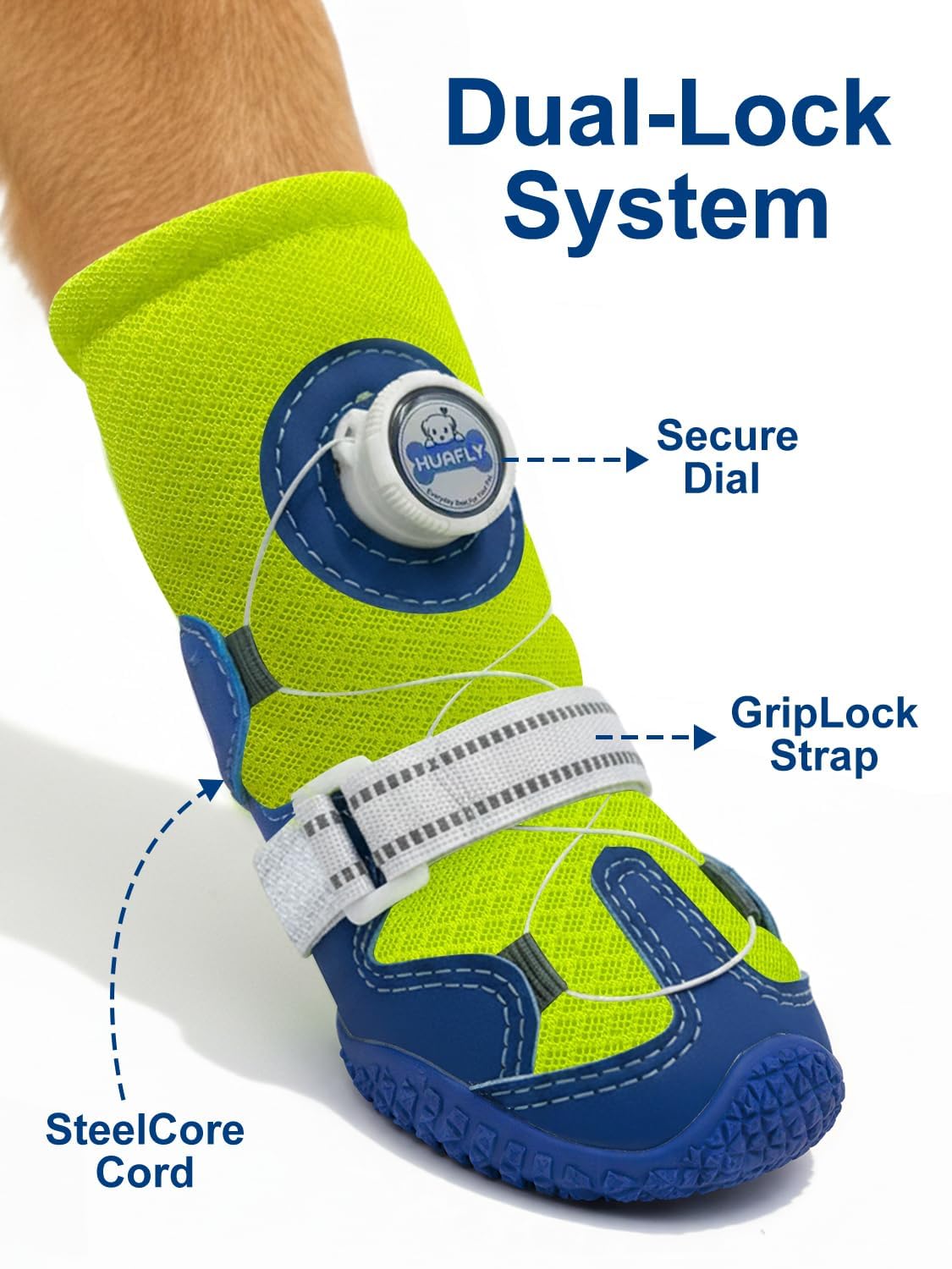 Huafly Hundeschuhe mit Zugknopf, Twist-Lock-Hundeschuhe und Pfotenschutz für kleine, mittelgroße und große Hunde, rutschfeste Sohle, atmungsaktives Netzgewebe, reflektierender Riemen für Wandern