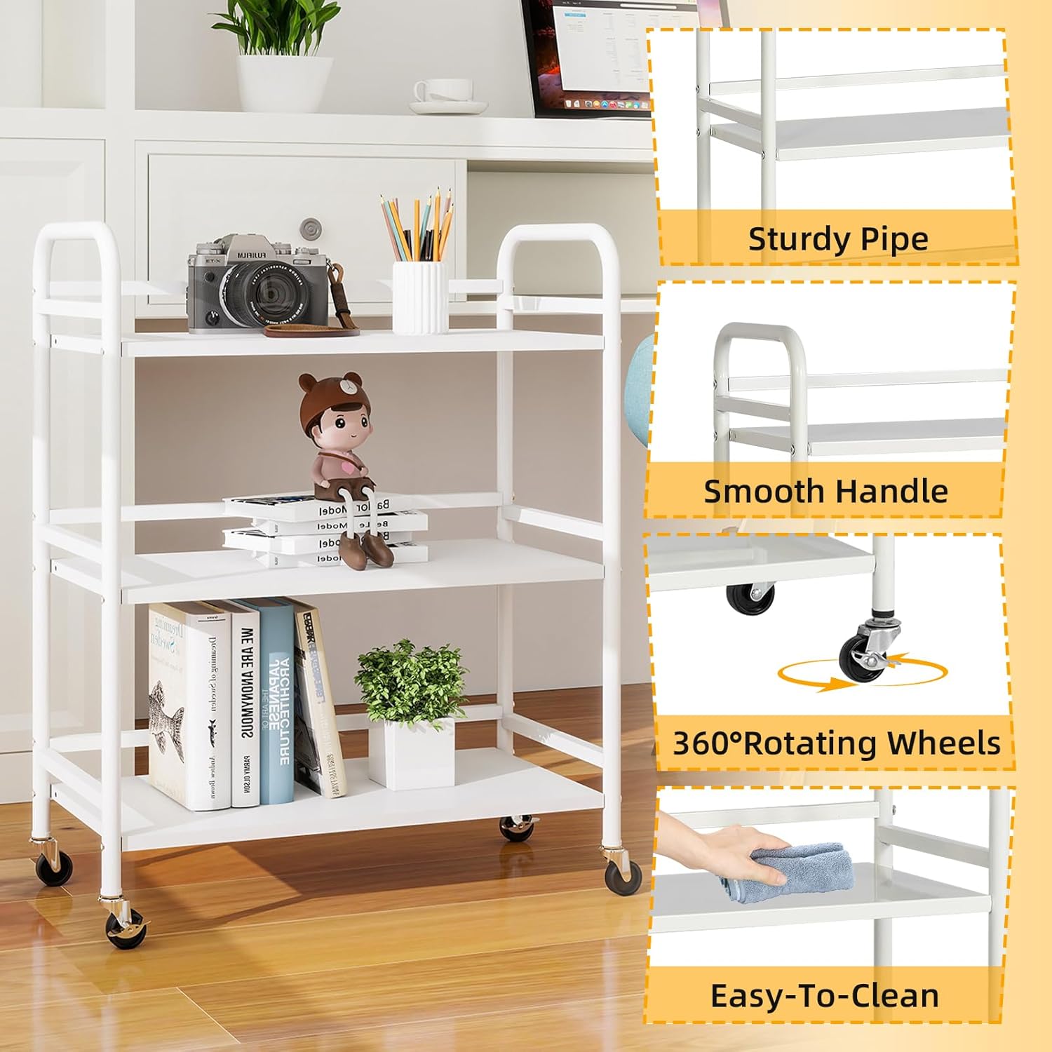 HDANI 3 Tier Metal Utility Multipurpose Rolling Cart,Large Capacity Heavy Duty Rolling Cart with 2 Lockable Wheels for Home,Office,Kitchen,Bathroom,Bedroom,White