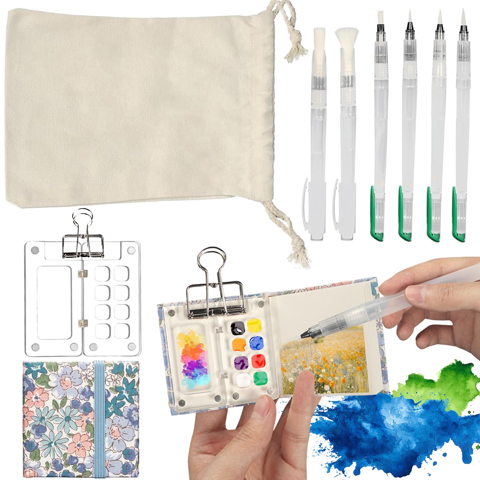 BigKing Set Mini Tavolozza Acquerelli da Viaggio con 1 Mini Tavolozza per Dipingere, 6 Pennelli Acquerello, 6 CM Quaderno per Schizzi, Borsa di Tela e Clip per Raccoglitore (Trasparente)