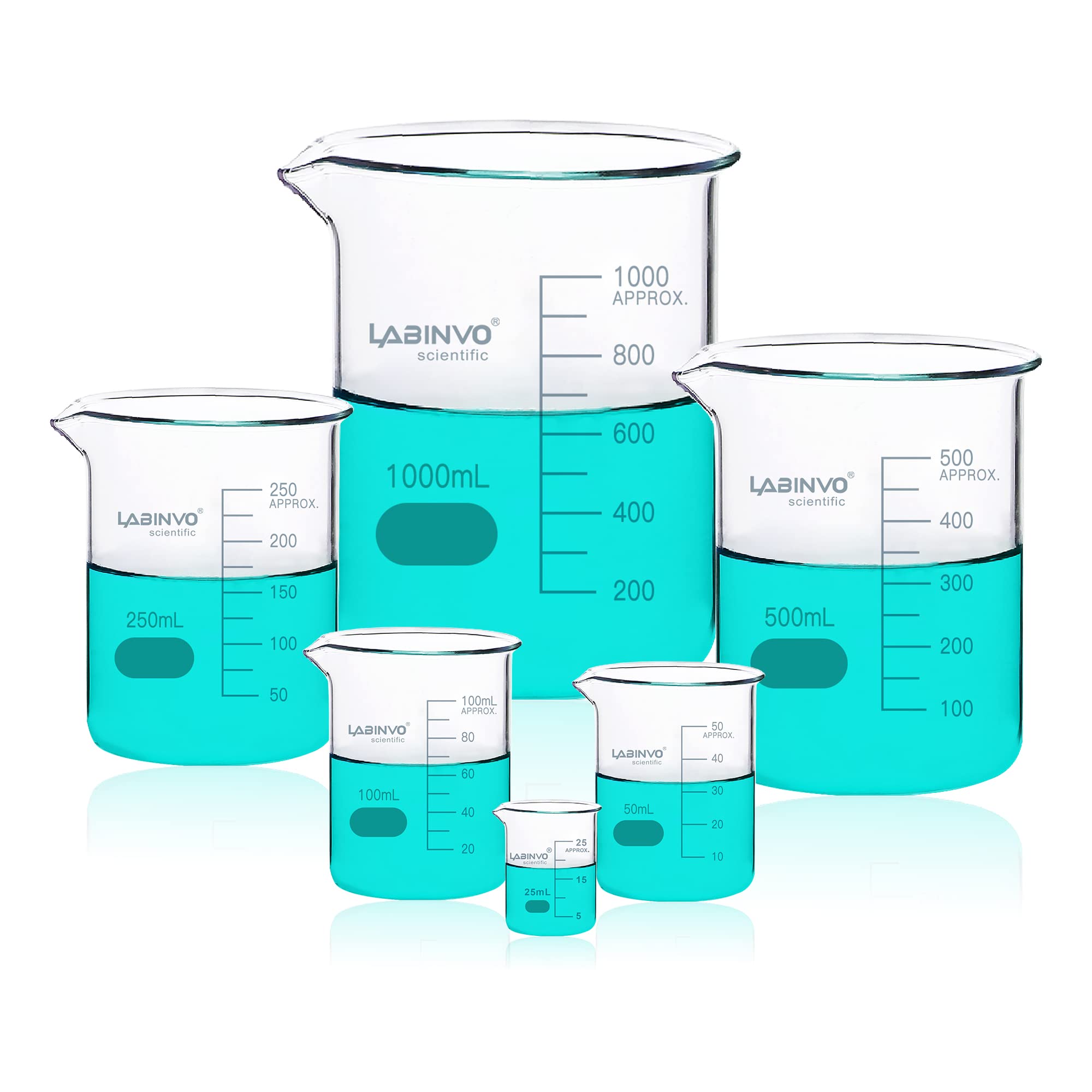 LABINVO Glass Beaker Set, Each 1pc of Vol.25 50 100 250 500 1000ml, 3.3 Borosilicate Glass Beakers, IN-BKLS03