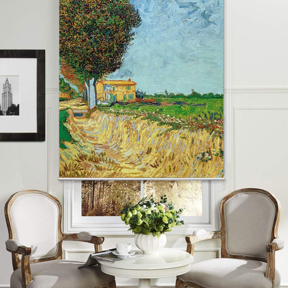 Blackout Cordless Window Shades, A Lane Near Arles, by Vincent Van Gogh, Patterned Roller Shades with Valance, Light Filtering Printed Sun Shades for Windows, Doors