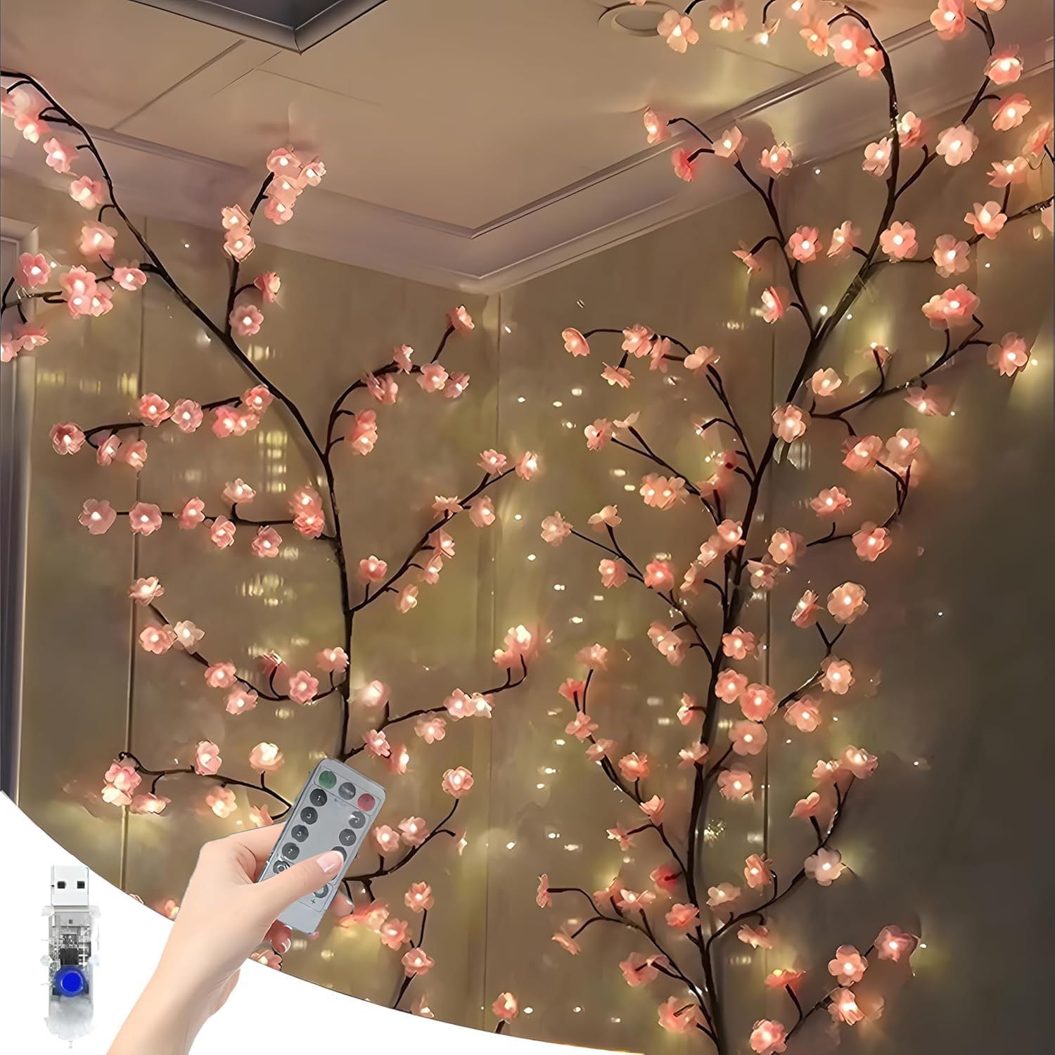 Starnearby Cherry Blossom Lights LED Wand Deko Kirschblüten Lichterkette 1.6M 72 LEDs mit Fernbedienung 8 Modi Timer Lichterkette für Wanddeko Schlafzimmer Wedding Raum Deko