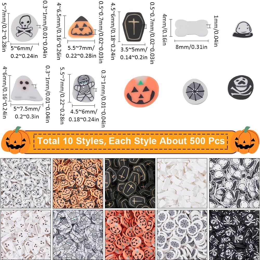 SUNNYCLUE 5000Pcs 10 Styles Halloween Slices Polymer Clay Cabochon Bulk Assorted Holiday Orange Ghost Skeleton Spooky Soft Sprinkle Flakes Slice for DIY Crafting Nail Art Embellishments Accessories